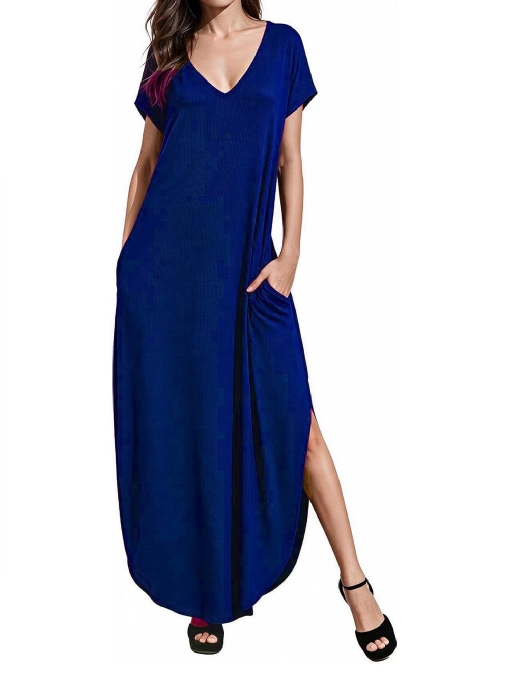 NWT V-Neck Royal Blue Maxi Dress with Side Slit and pockets